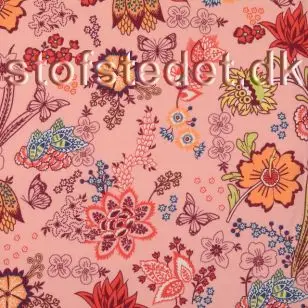 Bomuldsjersey i lys rosa med blomster - Bomuldsjersey mønstret