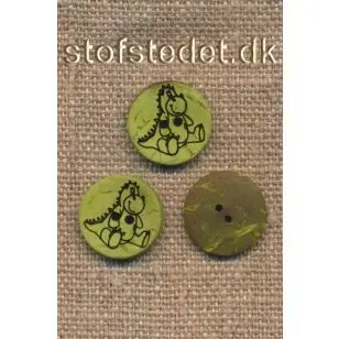 2-huls Kokos knap med dinosaurus i lime, 15 mm. - Træ- og Horn-knapper