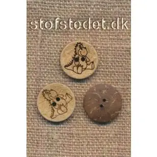 2-huls Kokos knap med dinosaurus i natur, 15 mm. - Træ- og Horn-knapper