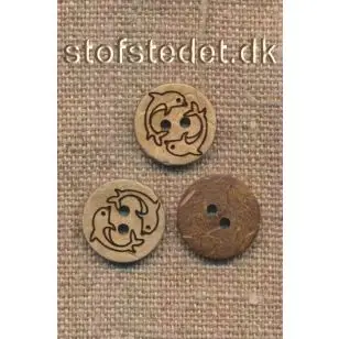 2-huls Kokos knap med delfiner i natur, 15 mm. - Træ- og Horn-knapper