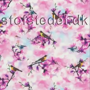 Fast bomuld med digitalt tryk i blomstrende grene og fugle - Div mønstret bomuld