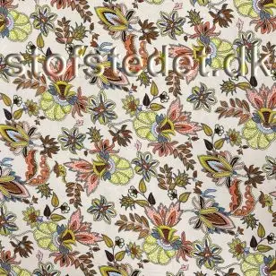 Viscose jersey i creme med  blomster og blade i koral , denim, limegul, brun og lyserød. - Viscose jersey mønstret