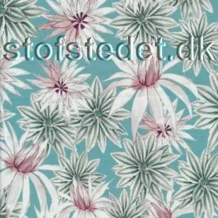 Bomuldsjersey økotex m/digitalt tryk i aqua med blomster. - Bomuldsjersey digitalprint