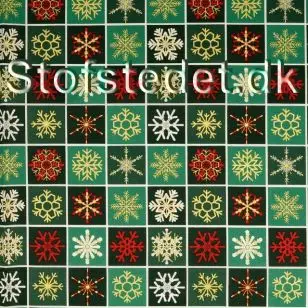 Fast stof i bomuld med snekrystaller i mørkegrøn, grøn , rød og guld. - Ternet bomuld