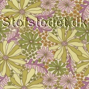 Viscose med stræk med blomster print hvid, lys oliven, lyselilla, orange. - Viscose Fastvævet