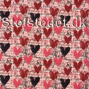 Bomuldsjersey økotex m/digitalt tryk i babylyserød med hjerter i rød og marine - Bomuldsjersey digitalprint