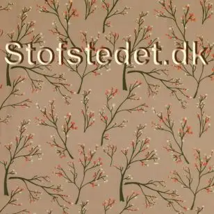 100% viskose poplin i lysebrun, med grene i army og orange. - Viscose Fastvævet