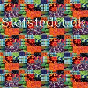 Bomuld/lycra økotex m/digitalt tryk med mønster i firkanter - Bomuldsjersey digitalprint