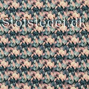 Bomuld/lycra økotex m/digitalt tryk med blade i flakegrøn, lyserød, creme og denim. - Bomuldsjersey digitalprint