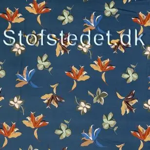 Viscose jersey i petrol-blå med blomster og blade - Viscose jersey mønstret
