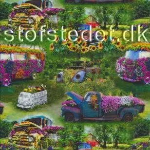 Afklip Bomuldsjersey med blomsterbiler i grøn 40x60 cm. - Afklip og Forstykker