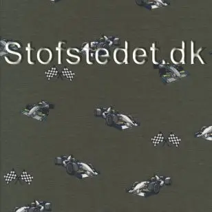 Bomuldsjersey i støvet army med F1 biler og målflag - Børnestof