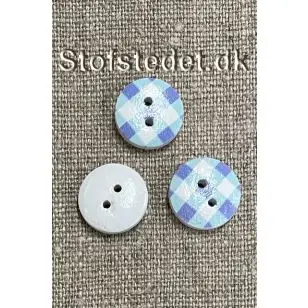 Knap træ rund hvid med tern i blå, aqua 15 mm. - Tilbud knapper
