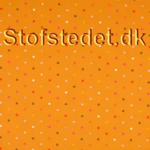 Jersey i bomuld i carry/orange med prikker i pink, lyserød, hvid, brun, gul. - Bomuldsjersey mønstret