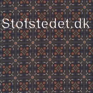 Fast bomuldspoplin med mønster i firkant, mørkeblå, army, brændt orange. - 