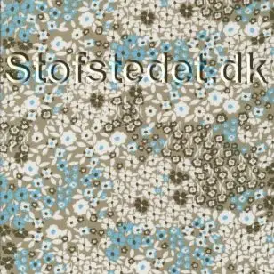 100% viskose poplin småblomstret i oliven army turkis offwhite - Viscose Fastvævet