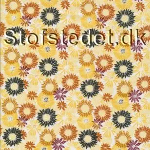 Patchwork stof med solsikke i hvid, gul, orange, rust, mørkegrøn - Patchworkstof