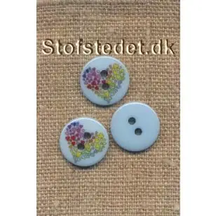Knap i lyseblå med multifarvede hjerter, 15 mm. - Knapper Blå, turkis og petrol