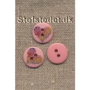 Knap i lyserød med multifarvede hjerter, 15 mm. - Knapper Blå, turkis og petrol