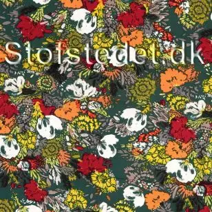 Viscose med stræk med blomster print i flaskegrøn, orange, bordeux,gul og hvid. - Tilbud metervare