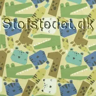 Bomulds jersey med tegnede dyr i lysegrøn - Bomuldsjersey mønstret