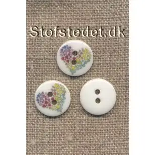Knap i hvid med multifarvede hjerter, 15 mm. - Knapper Blå, turkis og petrol