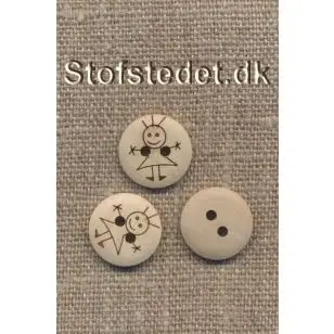 Træknap lys med tegning af pige 15 mm. - Træ- og Horn-knapper