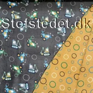 2-sidet Frotté fleece i grå med traktor/carry med cirkler - Fleece