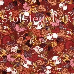 Viscose med stræk med blomster print i bordeaux, rosa, gul og hvid. - Viscose Fastvævet