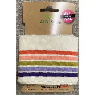 Ribkant med college striber i offwhite, orange, lyserød, oliven, lyselilla og mørkelilla - 75 mm x 140 cm. - Rib kanter