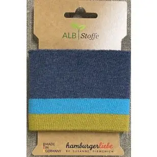 Ribkant med striber i denim, turkis og sennep - 70 mm x 110 cm. - Rib kanter