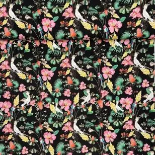 Bomuldsjersey m/digitalt tryk i sort med blomster, blade og kakadu - Bomuldsjersey digitalprint