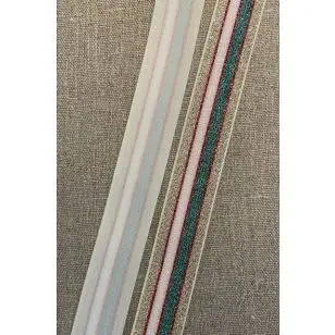 Elastik stribet med glimmer 25 mm. i guld, irgrøn, rød og creme - Elastik og kantelastik