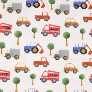 Bomuldsjersey økotex m/digitalt tryk i hvid med bil, brandbil, gravko - 