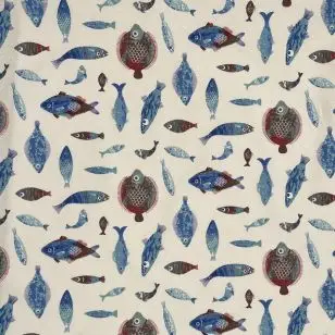 Bomuld/polyester i hvid med fisk - Gardinstof / Dugstof