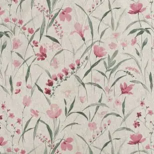 Hør-look bomuld/polyester med blomster i rosa og sart grøn - Gardinstof / Dugstof