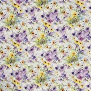 Bomuldssatin stretch i knækket hvid med blomster i lilla, gul, grøn - Bomuld