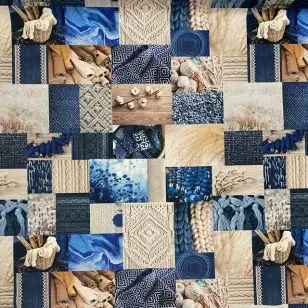 Bomuld m/digitalt print i firkanter i blå, sand, beige, offwhite - Gardinstof / Dugstof