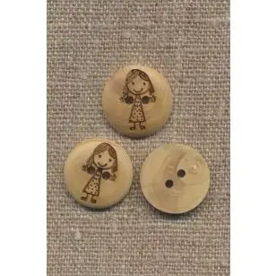 Træknap lys med tegning af pige 18 mm. - Træ- og Horn-knapper