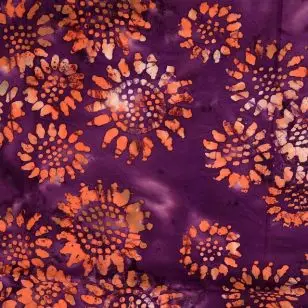 Bomulds poplin batik i cerisse og lilla med orange solsikke - Div mønstret bomuld