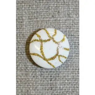 Knap hvid m/guld-mønster, 15 mm. - Knapper Hvid, grå og sort