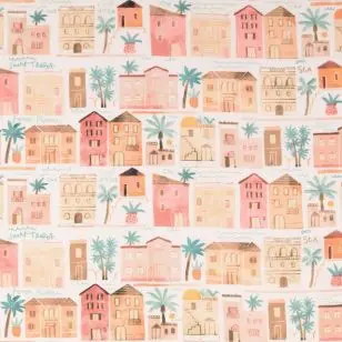 Bomuld med digitalt print med huse i hvid, laks, rose, pudder-brun - Div mønstret bomuld