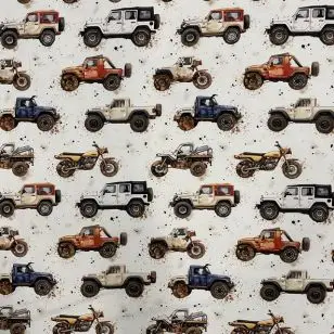 Økologisk Bomulds jersey med digitalt print i knækket hvid med biler og motorcykel - Bomuldsjersey børneprint