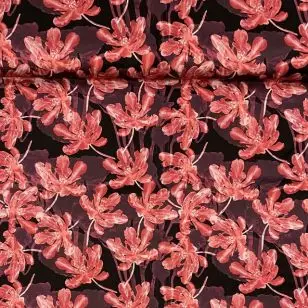 Let 100% viskose satin med blomster i blomme, koral, sort - Viscose Fastvævet