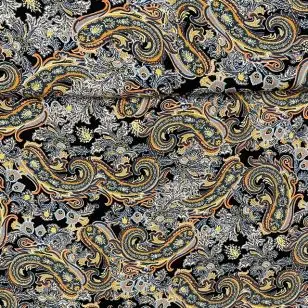 Viscose med stræk med sjalsmønster i sort, carry, hvid, orange, lyseblå - 