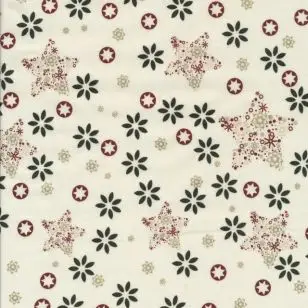 Fast stof i bomuld med blomst og stjerne i offwhite, mørkegrøn, rød og guld. - Div mønstret bomuld