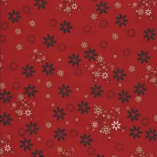 Fast stof i bomuld med blomst og stjerne i rød, mørkegrøn, offwhite og guld. - Div mønstret bomuld