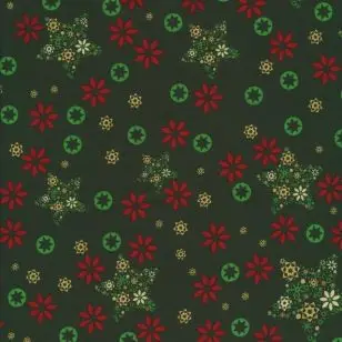 Fast stof i bomuld med blomst og stjerne i mørkegrøn, rød, offwhite og guld. - Div mønstret bomuld
