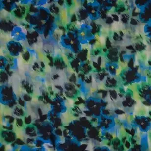 Satin i digitalprint med stedmoderblomster i grøn, petrol, lime - Satin