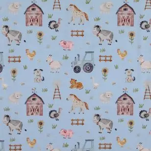 Bomuldsjersey økotex m/digitalt tryk i lyseblå med dyr - bondegård - Bomuldsjersey børneprint